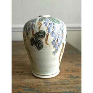 Vintage Aldrich Pottery Vase: Handmade Grape Design, Rustic Home Accent